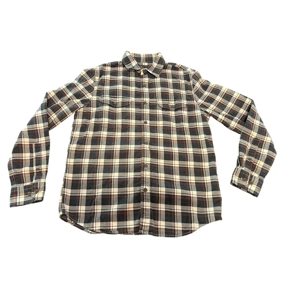 Banana Republic Luxe Flannel Untucked Slim Fit Plaid Shirt Men Medium Navy Cream